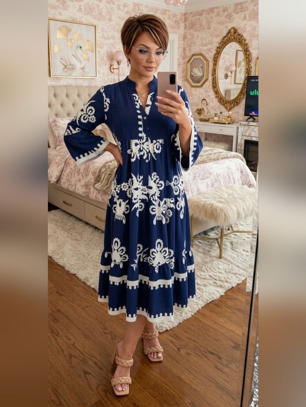 NWOT Navy and Cream Floral Embroidered Boho Dress